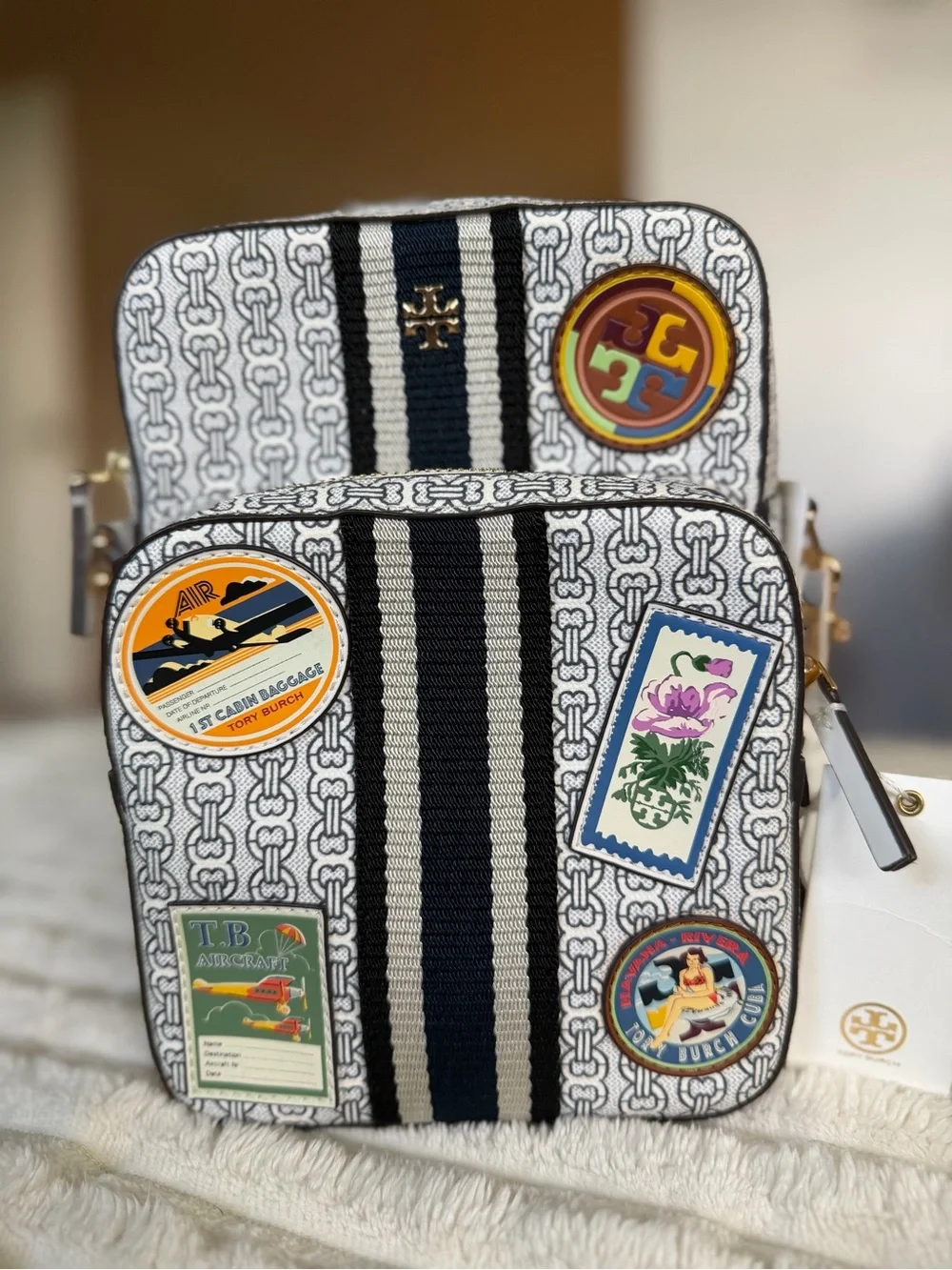 NWT Rare Tory Burch White, Navy & Black Printed Canvas Patch Crossbody Bag